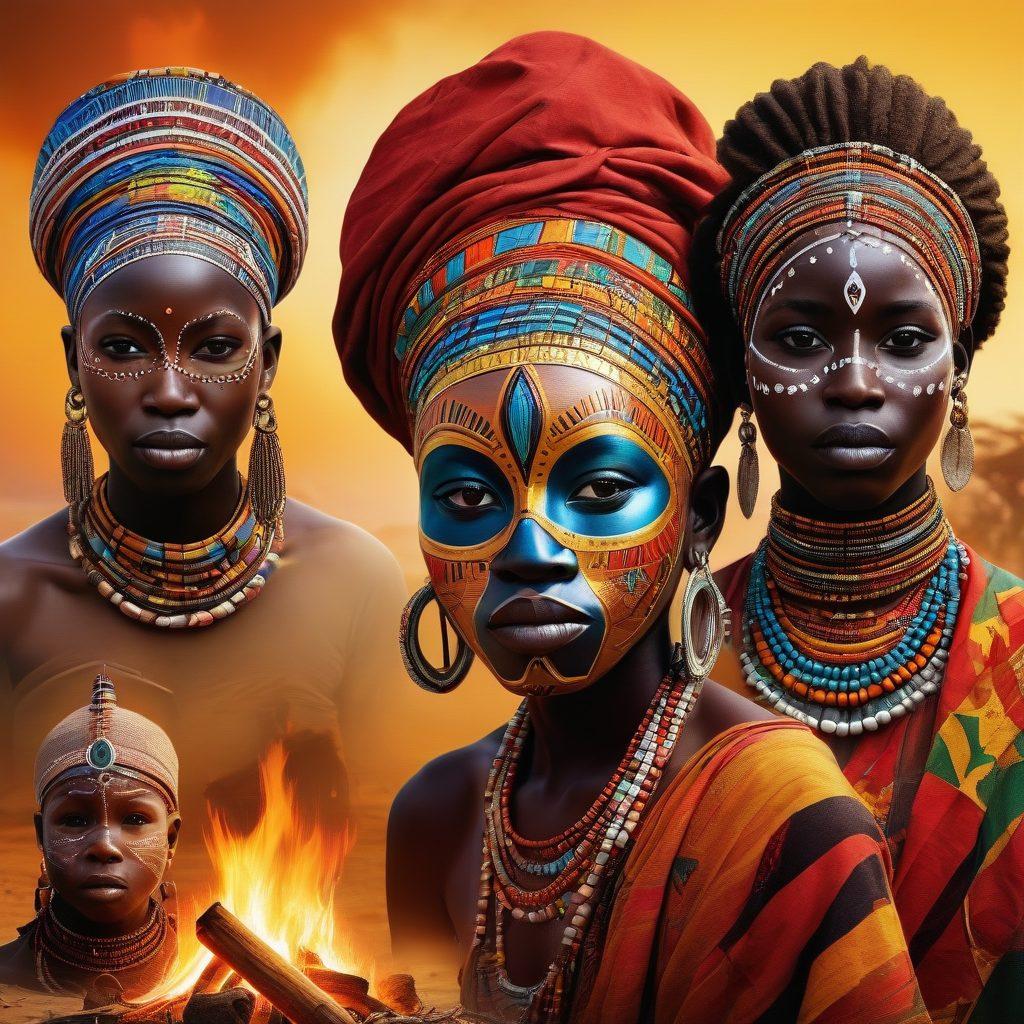 A vibrant collage showcasing African cultural elements: traditional masks, colorful textiles, and intricate beadwork, surrounded by majestic landscapes like savannas and bustling markets. Include diverse communities engaging in storytelling around a fire, with children playing and elders sharing tales. The scene should evoke warmth, connection, and the richness of African heritage. bright colors. super-realistic.