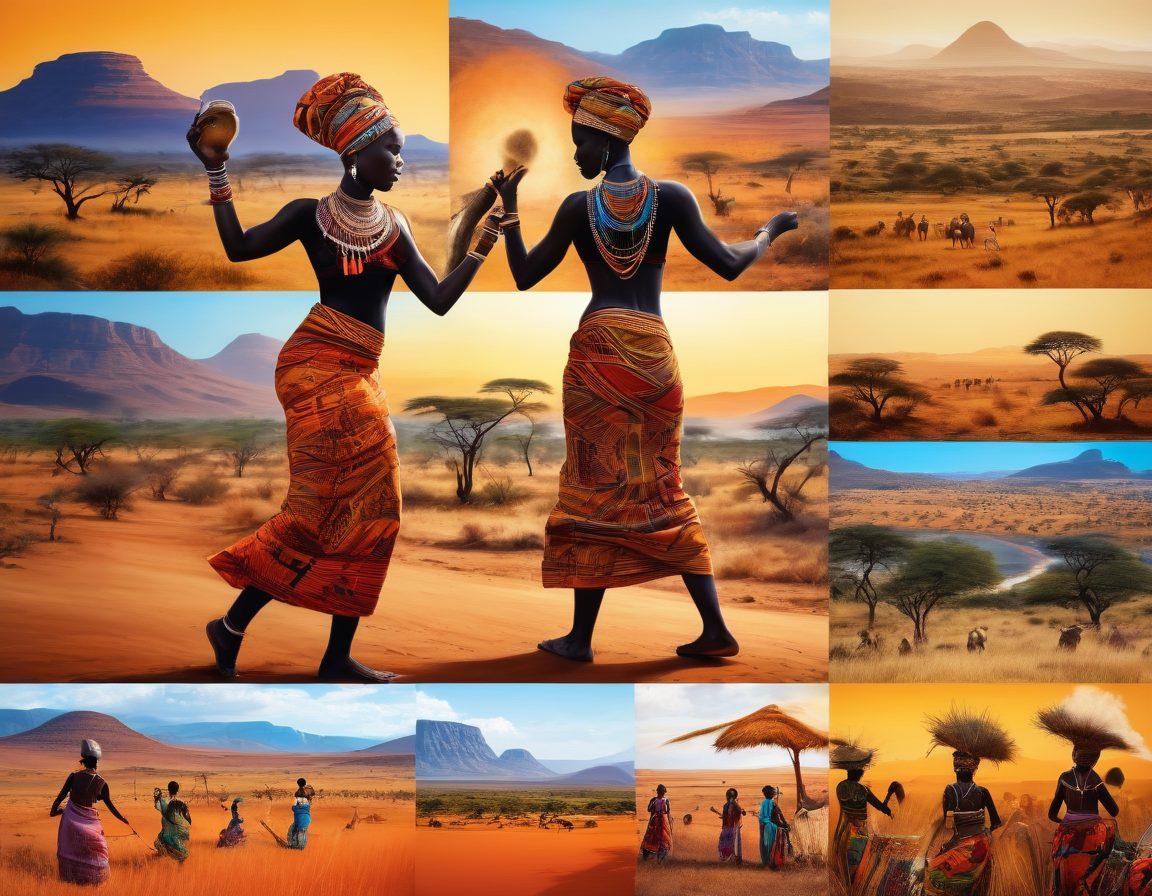 A vibrant collage showcasing diverse African communities engaged in traditional crafts, music, and dance, with a backdrop of iconic landscapes from various regions of Africa. Include elements like handwoven textiles, pottery, and local wildlife, symbolizing the rich heritage being shared globally. The scene should radiate warmth, connection, and cultural pride. Bright colors, dynamic movement, and layers of depth to reflect the lively spirit of African traditions. super-realistic. vibrant colors. 3D.