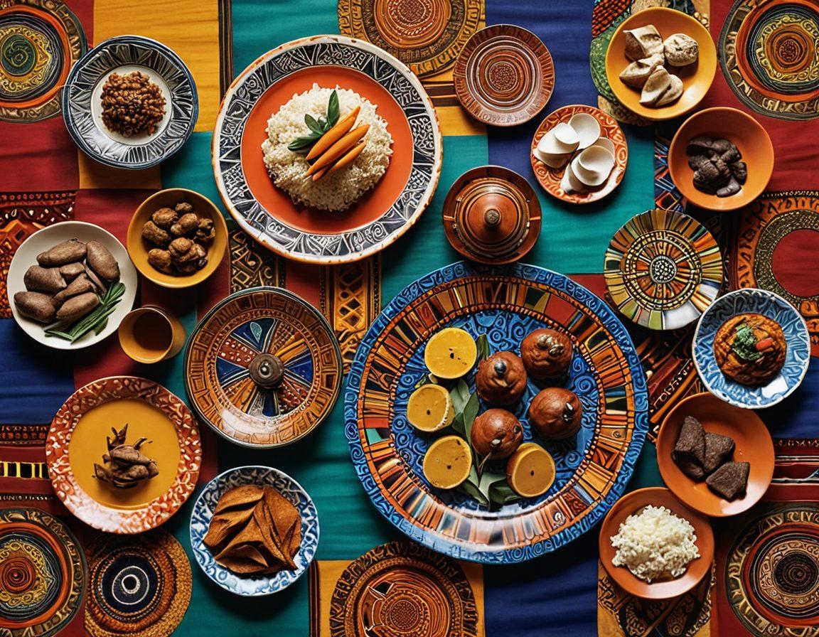 A vibrant collage showcasing traditional African art pieces, diverse cuisines presented on colorful plates, and historical artifacts intricately detailed. In the background, a rich tapestry of African landscapes and cultural symbols intertwines, symbolizing the connection between art, cuisine, and history. Emphasize warm colors and textures to reflect the depth of African culture. super-realistic. vibrant colors. bold patterns.